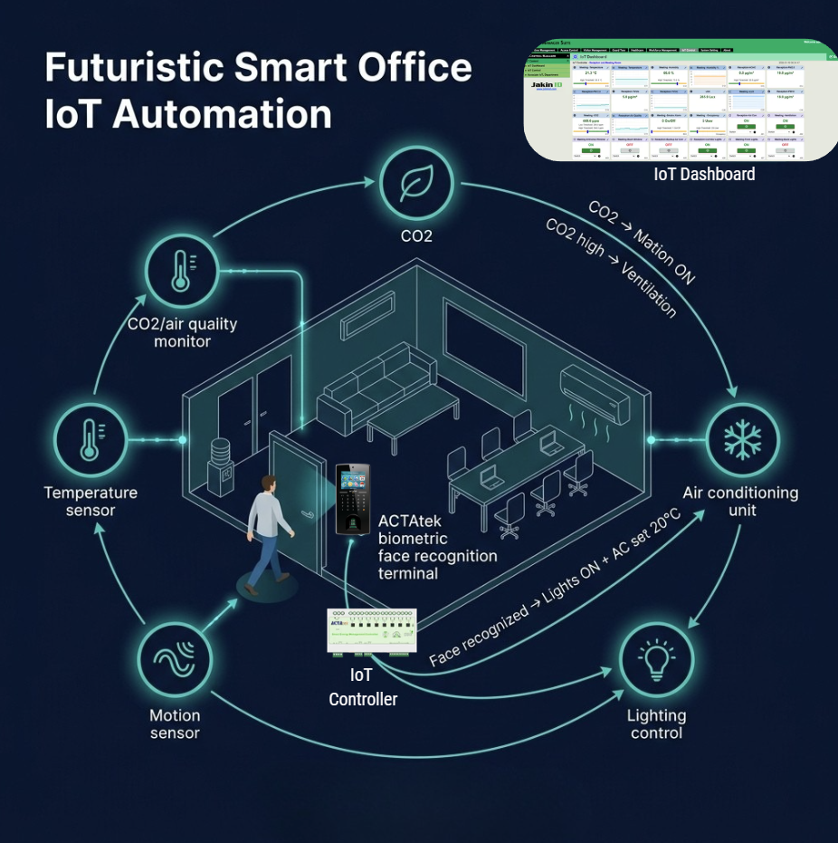 Smart office IoT automation diagram showing face recognition triggering personalised lighting, AC, and ventilation via ACTAtek IoT controller