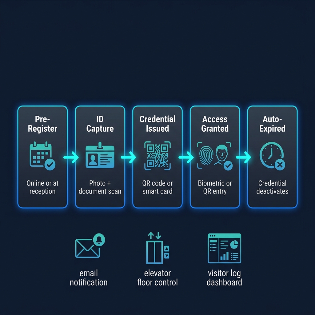Visitor management workflow: pre-register, ID capture, credential issuance, biometric entry, auto-expiry
