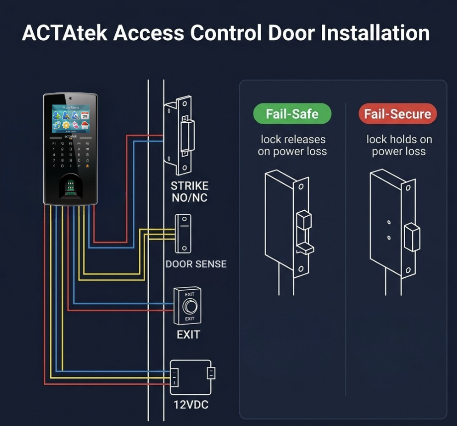 ACTAtek access control wiring diagram showing fail-safe and fail-secure door configurations with terminal I/O connections
