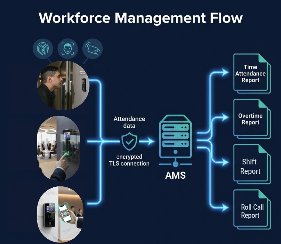 Workforce management flow: employees authenticate at ACTAtek terminals, data flows to AMS, generating attendance reports and payroll exports